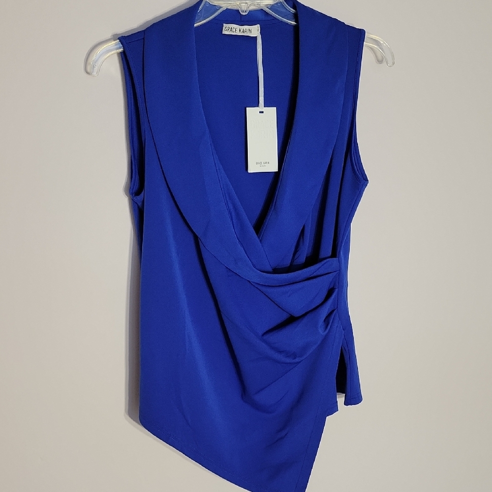 Grace Karin Women's Blue Sleeveless Drape Blouse XL NWT
